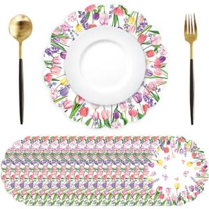 50 Pcs Lavender Tulip Paper Placemats Disposable,13.4 Inch Spring Flora Round Place Mats Spring Summer Table Mats for Birthday Wedding Banquet Bridal Shower Party Supplies