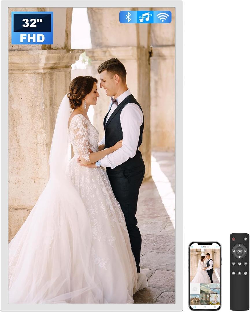 32" Large Digital Picture Frame, 64GB, Anti-Glare Non-Touch, WiFi Wall-Mount Frame for Home/Business, 1920x1080 FHD, Share via App, Email, USB & Micro SD, Remote Included, White