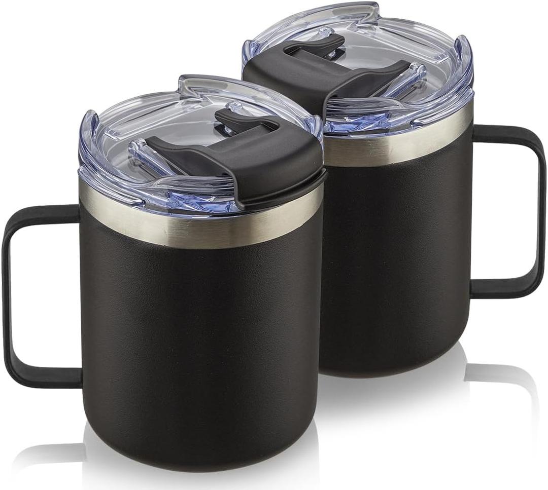 ALOUFEA 12oz Stainless Steel Insulated Coffee Mug with Handle, Double Wall Vacuum Tumbler Cup with Fliping Lid, Black, 2 Pack