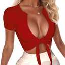 BemorRun Women's Sexy Tie Up Crop Top Short Sleeve Deep V Neck Casual Basic T Shirt, L
