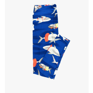 Lularoe Tall Curvy (TC fits Sizes 12-18) Animals Sharks Having Fun Beachwear Innertube Blue White Gray Yellow Buttery Soft Adult Leggings, Pack Of 2