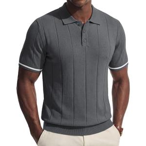 PRIVIMIX Mens Knit Texture Polo Shirts Sweater Short Sleeve Casual Polo Shirts with Button for Summer Golf (L)