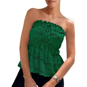 PRETTYGARDEN Women's Boho Tube Tops 2025 Summer Strapless Off Shoulder Eyelet Smocked Peplum Trendy Going Out Bandeau Top (Green, S)