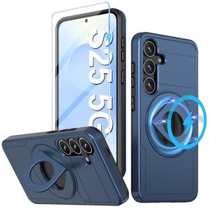 for Samsung Galaxy S25 Mag-Safe Kickstand Case with Screen Protector,Slim Shockproof Military Heavy Duty Anti-Drop Full Body Protection,360 Stand Magnetic Phone Case for Samsung S25 (Blue)