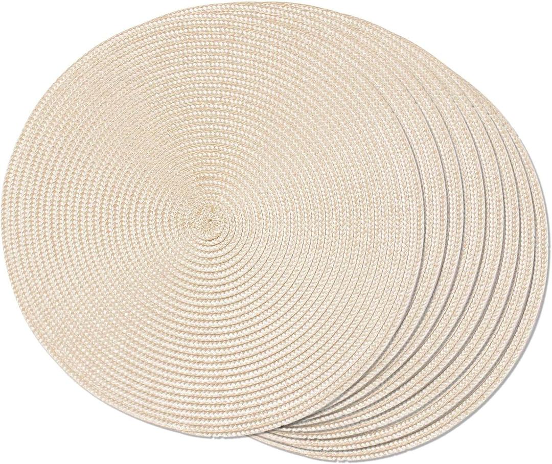 FunWheat Round Braided Placemats Set of 8 Place Mats for Dining Table Woven Washable Non-Slip Table Mats 15 Inch(Ivory,8pcs)