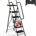 HBTower Step Ladder, Folding Step Stool with Wide Anti-Slip Pedal, Sturdy Steel Ladder, Convenient Handrail, Lightweight, Portable Steel Step Stool
