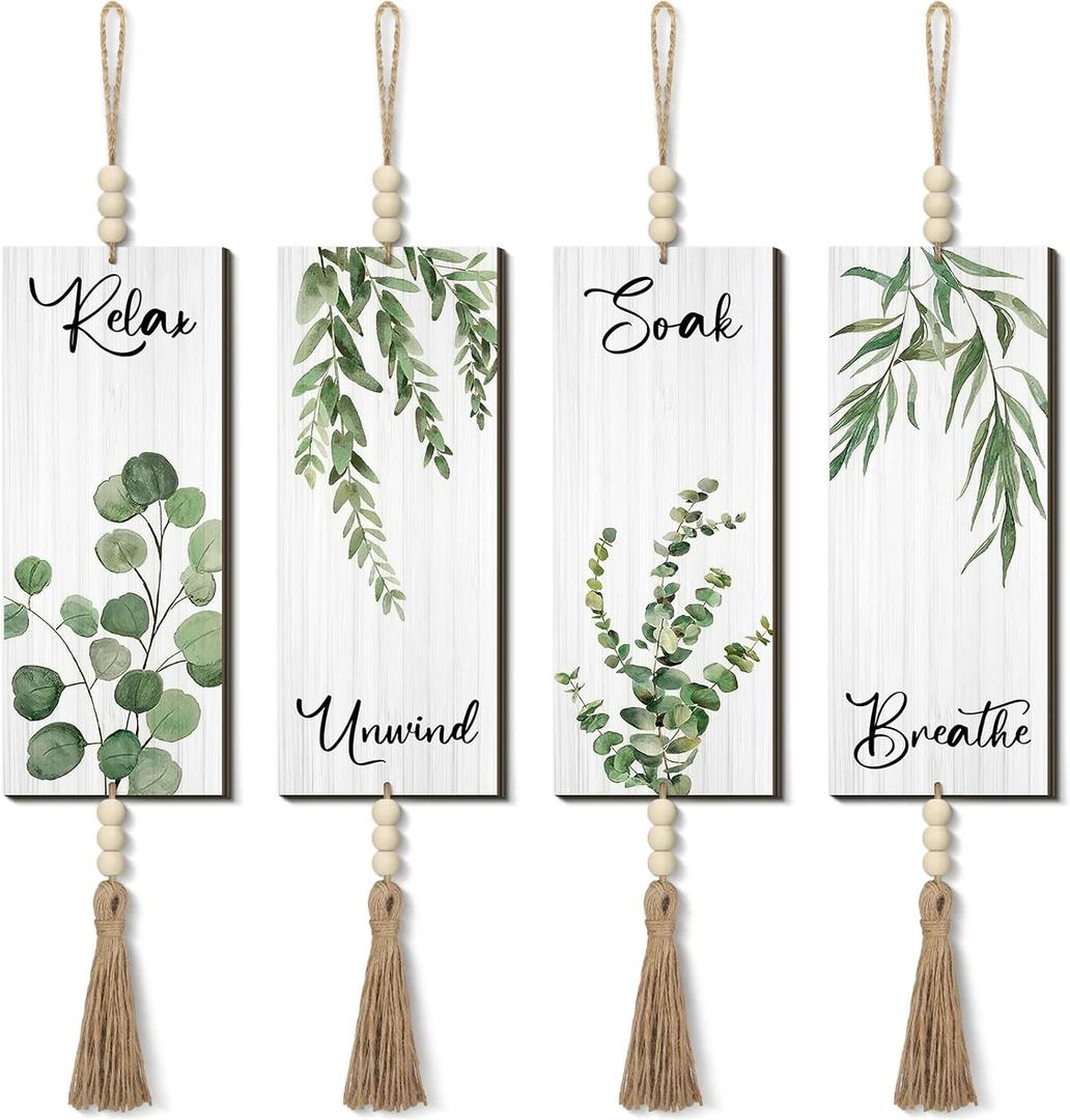 Qunclay 4 Pieces Boho Wall Decor for Bathroom 12 x 5 Inch Relax Soak Unwind Breathe Bathroom Sign with Beads Leaf Print Minimalist Botanical Wall Art Farmhouse Wooden Hanging Art(Green,Plant)