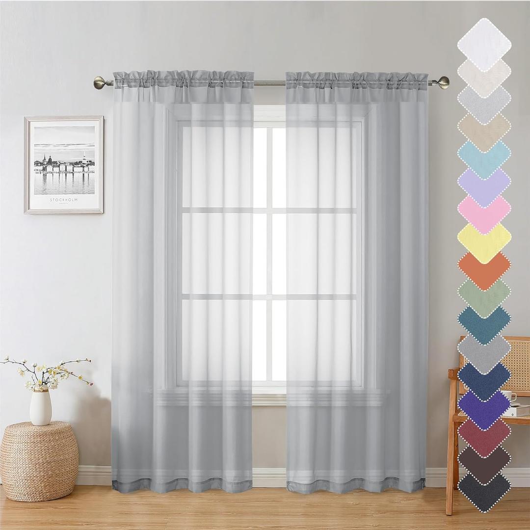 Lecloud Living Room Light Grey Sheer Curtains 72 Inch Long 2 Panels, Lightweight Solid Voile Silver Gray Curtain for Bedroom, Soft Gauzy Farmhouse Bedroom Drapes with Dual Rod Pockets, 40W x 72L