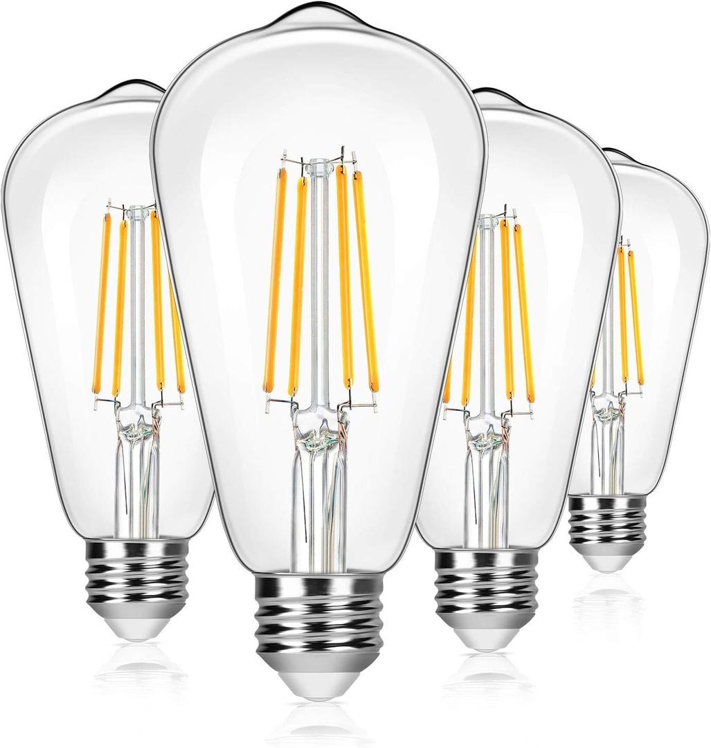4-Pack Vintage 8W ST64 LED Edison Light Bulbs 100W Equivalent, 1400Lumens, 2700K Warm White, E26 Base LED Filament Bulbs, CRI 90+, Antique Glass Style Great for Home, Bedroom, Office, Non-Dimmable