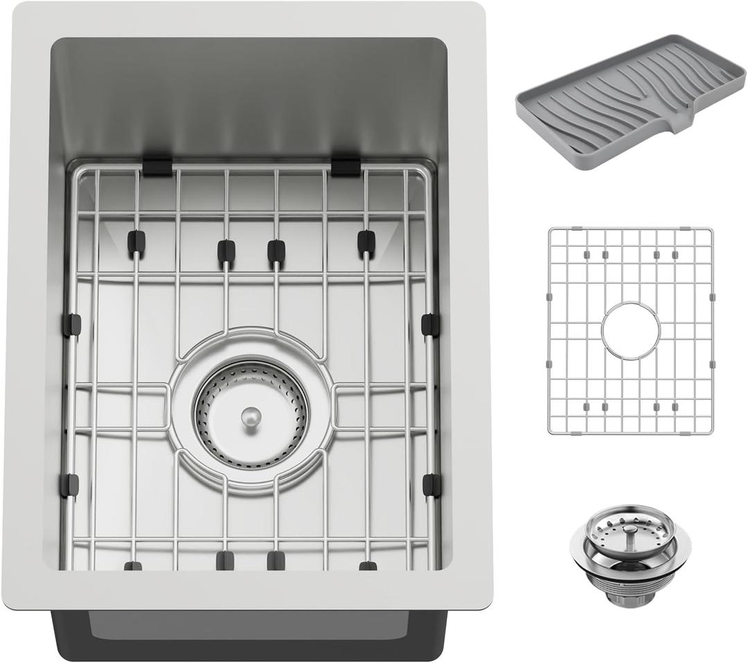 12x16In Stainless Steel Kitchen And Bar Sink - Small Undermount Single Bowl Drop In Staylish Kitchen&Bar Sink Ideal Choice For Small Space, Prep Area, RV With Bottom Grid,Soap Mat And Drain Assembly