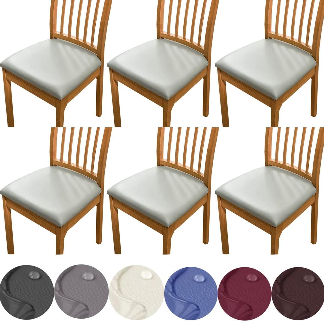 HFCNMY Seat Covers for Dining Chairs, 6 Pack Stretch Waterproof PU Dining Chair Seat Covers Removable Washable Kitchen Chair Seat Covers with Elastic Bands,Light Gray