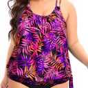Womens Plus Size Tankini Tops Blouson Swim Top Only No Bottom | Tummy Control, Removable Pads, Side Tie, Full Coverage, Adjustable Straps, Quick Dry Fabric, Beach and Resort