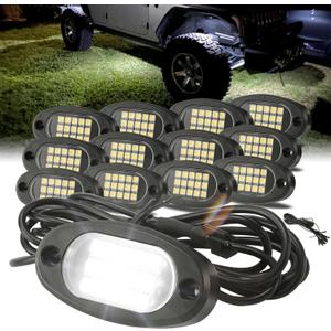 Winunite 12 Pods Quick Connect White Rock Lights, 4M Extension Wires Each Light, 15 SMD Chips, High Adhesive Stickers, 6000K Pure White, IP67 Waterproof, Fit for Trucks Trailer SUV ATV UTV
