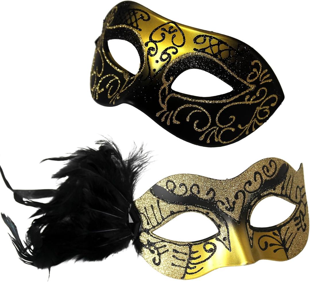 Wildarms Couple Masquerade Masks - Feather Women & Venetian Men Masks for Halloween Party, Mardi Gras Cosplay