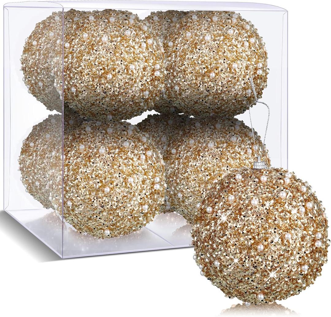 BBTO 8 Pcs Christmas Tree Ball Ornaments Glitter Sequin Foam Ornaments Hanging Decorations for Xmas Wedding Party Holiday Decor(Champagne,3.15 Inch) Champagne