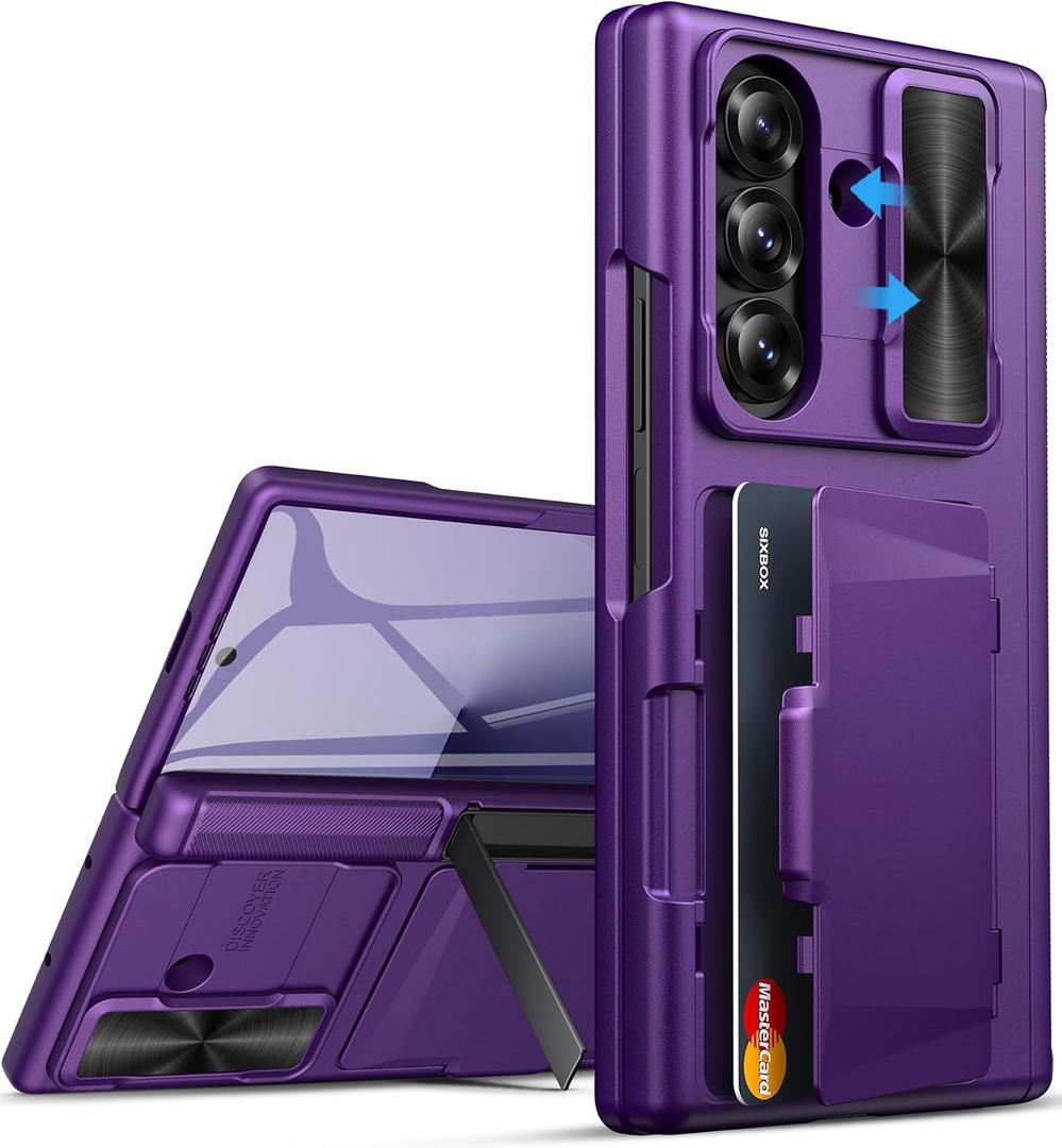 for Samsung Galaxy Z Fold 7 Wallet Case with Stand, Built-in Hinge Protection & Slide Camera Lens Cover & Card Holder & Screen Protector, Hard Protective Phone Case for Samsung Z Fold 7, Purple