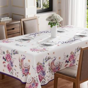 Eid Al-Fitr Ramadan Kareem Watercolor Moons Flowers Tablecloth Rectangle Washable Table Covers for Indoor Outdoor Dining Table Home Party Decorations 60x104 Inch (104" x 60" (Rectangular))