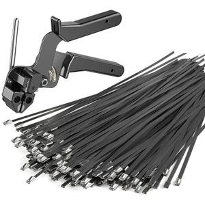 Heavy Duty Black Metal Zip Ties Comes With Special Tools For Fastening And Cutting Cable Ties,200 Pcs Uv Resistant Stainless Steel Cable Ties,Used For Vehicles,Farms,Fences, Pipe Bundling,Etc.