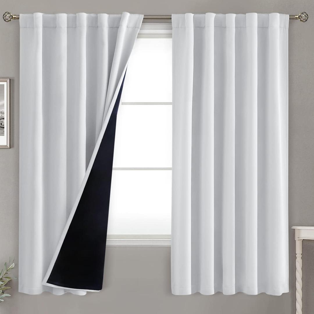 BGment Greyish White 100% Blackout Curtains 63 Inches Long with Noise-reducing Liner, Rod Pocket and Back Tab Double Layer Room Darkening Window Curtains for Bedroom, 2 Panels, Each 42 x 63 Inch