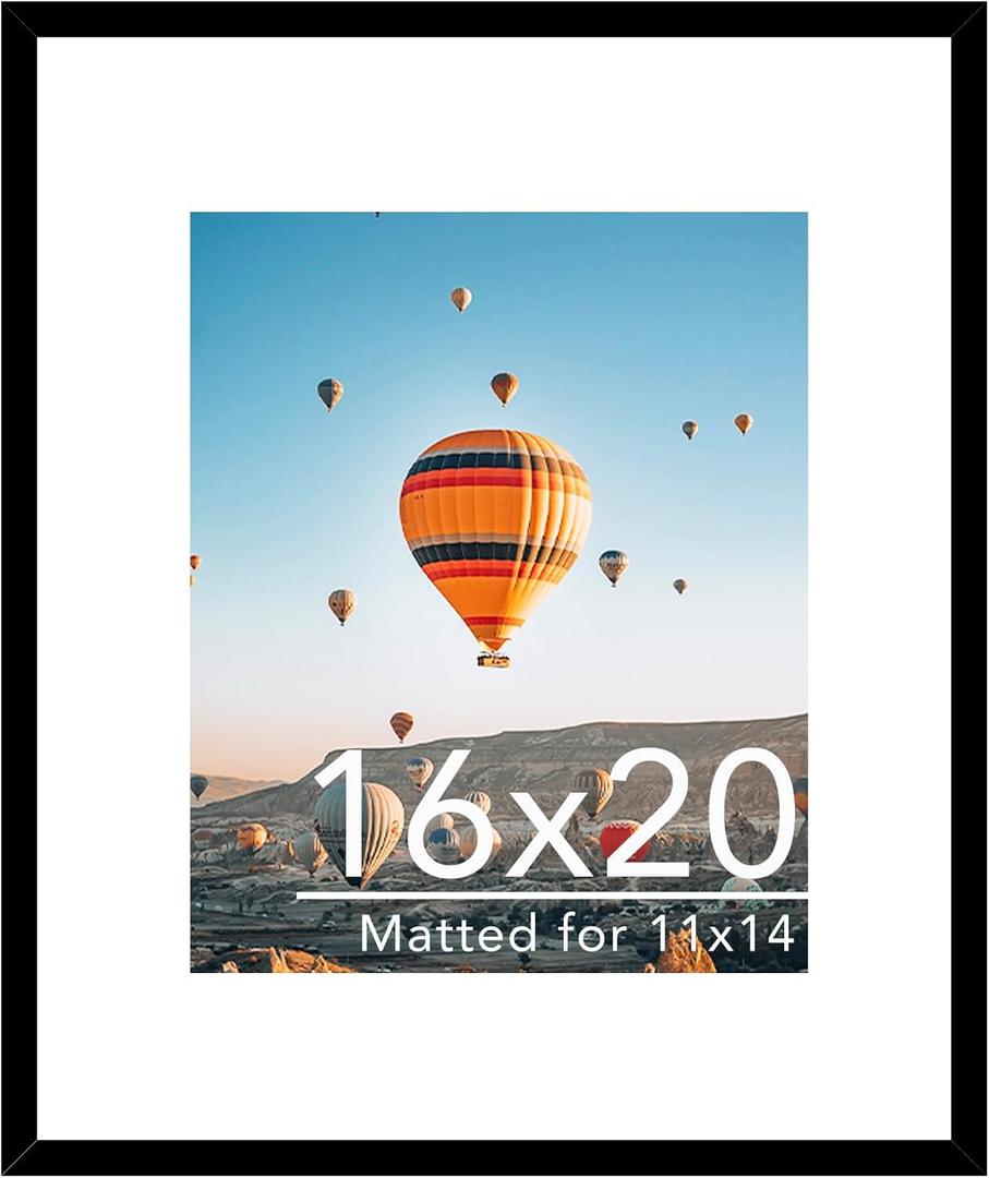 JCJMY 16x20 Picture Frame with 11x14 Mat, Display Photo 11x14 with Mat or 16 x 20 Without Mat, Wall Hanging Large 16 by 20 Poster Frame with Plexiglass, Black