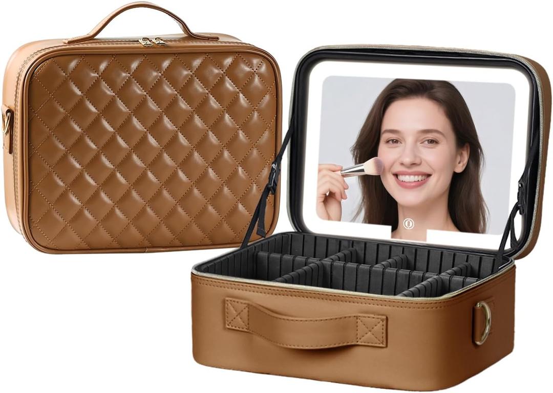Makeup Case with LED Light Mirror,12 Inch Professional Portable Travel Cosmetic Organizer Bag with Adjustable Dividers, USB Charging, Large Capacity, Ideal for Travel, Gift for Women Girls (Brown)