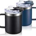 ALOUFEA 12oz Stainless Steel Insulated Coffee Mug with Handle, Double Wall Vacuum Travel Mug, Tumbler Cup with Fliping Lid, Black and Navy