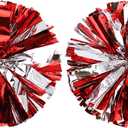 Red and Silver Cheerleading Pom Poms with Finger Rings, 2 Pack Metallic Cheer Accessories for Kids Dance Team, Round Spirit Pompons with Handle for Girls School Sports Performance