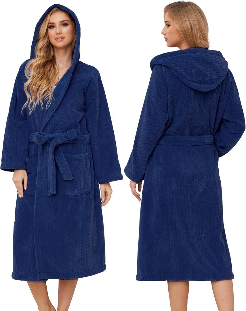 PJGGZ Hooded Bathrobes for Women, Soft Long Towel Robes for Women - Quick Dry yet Warm (Large-X-Large, Navy Blue)