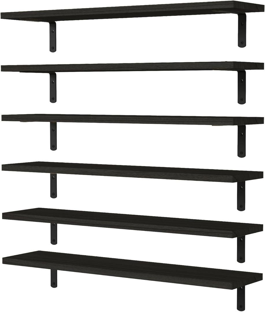 WOPITUES Wood Floating Shelves Set of 6, 24 inch Long Floating Shelves for Wall Decor, Farmhouse Shelf for Bedroom, Bathroom Storage Shelves, Book Shelves for Living Room - Black