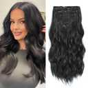 Clip in Black Hair Extensions for Women, 6 PCS Natural Black Hair Extensions, Thick Hairpieces Double Weft Wavy Hairpieces, Soft Hair & Blends Well, Long Wavy (20inch, 6pcs, Natural Black)