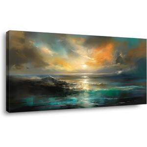 Ocean Sunset Landscape Canvas Wall Art for Living Room Bedroom Home Decoration, Beautiful Nature Scenery Oil Painting Print Picture Decor Artwork, Gallery Wrapped Gift Inner Frame 23x46 Inches