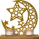 Gold Ramadan Decorations for Home, Star and Crescent Moon Silhouette Tealight Candle Holder with 2 Glass Votives, Wooden Tray Eid Mubarak Table Decor Centerpiece, Islamic Ramadan Kareem Gifts