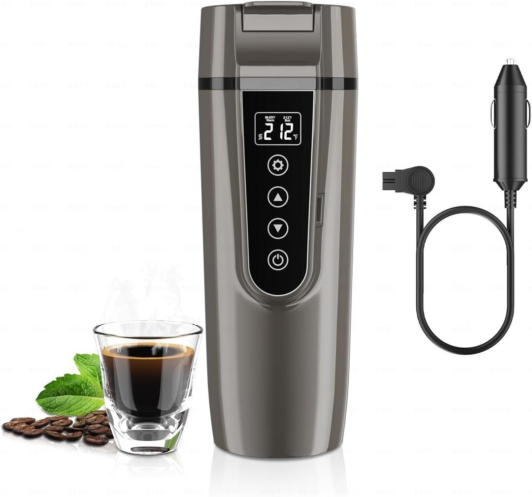 Car Electric Kettle for Travel : FVPE 12V/24V Small Electric Water Kettle, Multi-Temp Control 400 mL Portable Car Water Boiler for Brewing Coffee Tea,LCD Display 304 Stainless Steel Truck Heating Cup (Grey)