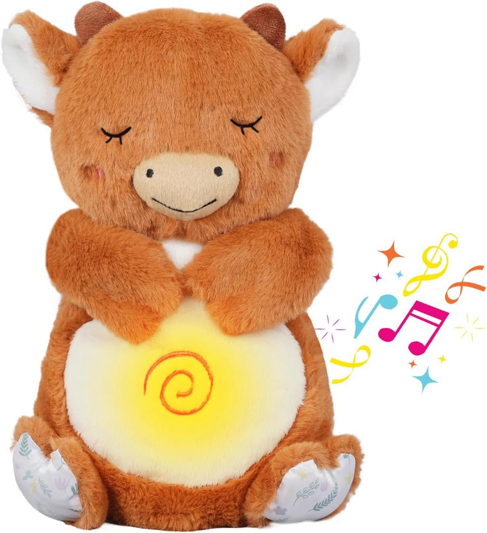 Breathing Stuffed Animal, Cow Plush, Sleeping Plush for Kids Toy Birthday Gift with Sensory Details Musical Lights and Rhythmic Breathing Sleep Companion (Brown)