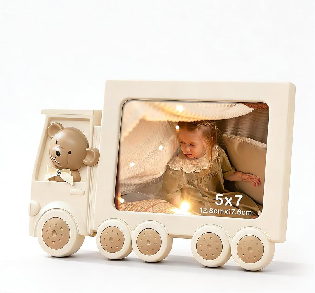 5x7 Kids Picture Frame, HD Glass Tabletop or Wall Horizontal Display, White Plastic Toy Car Frame, Girl and Boy Children's