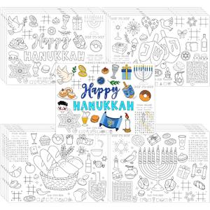 Sinasasspel Hanukkah Coloring Placemats 24PCS Disposable Table Place Mats Happy Chanukah Party Decor Kitchen Dining Activity Paper Supplies Menorah Dreidel Games 4 Designs