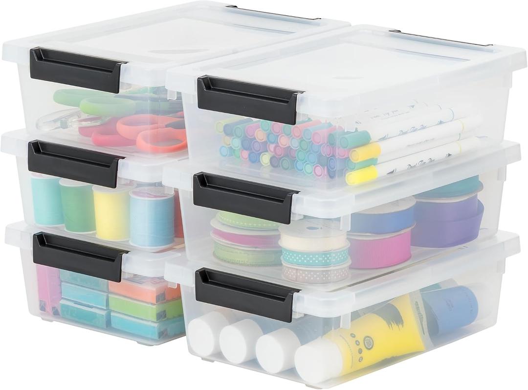 IRIS USA Storage Bins with Lids |Made in USA| 2 Qt - (6-Pack) - Clear/Black | Sensory Craft Organizers, Plastic Clip Box Totes, Flat Containers for Organizing Paper, Office, Art & Study Supplies
