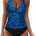 SUUKSESS Women Sexy Halter Tankini Bathing Suits Slimming Tummy Control High Waisted Swimsuits 2 Piece (Retro Blue Black Floral, M)