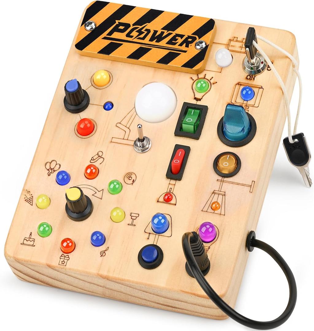 LED Busy Board for Toddlers - Montessori Sensory Toy with 10 Switches & 19 Lights, Wooden Activity Board for Fine Motor Skills, Ideal Educational Birthday Travel Toy Gift for 1 2 3 Year Old Boys Girls