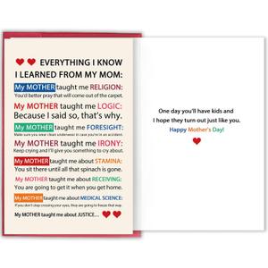 11 x Funny Mother's Day Card for Mom, Sarcastic Humor Greeting Card from Child on Mother's Day, Learned from Mom Card, Mix