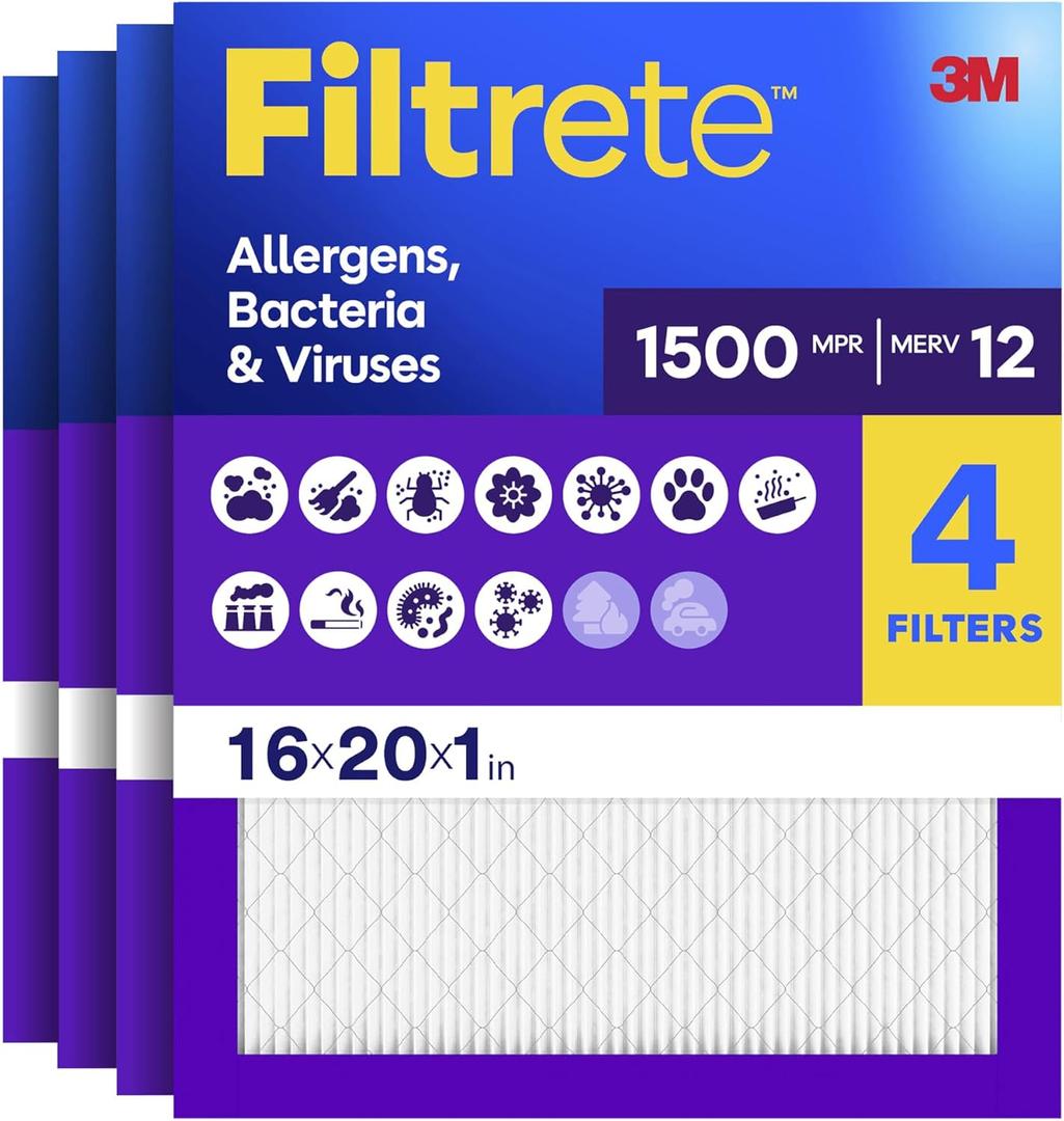 Filtrete 16x20x1 Air Filter, MERV 12, MPR 1500, Allergens, Bacteria & Viruses, 3-Month AC and Furnace Filters, Cleaner Air, Reliable Airflow, 4 HVAC Filters (Actual Size 15.62 x 19.62 x 0.78 in)