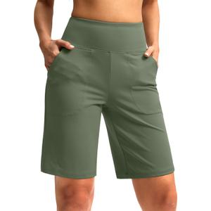 Women's 10" Bermuda Shorts Knee Length with Pockets High Waisted Athletic Long Shorts for Casual Walking Running Yoga (Light Grey Sage)