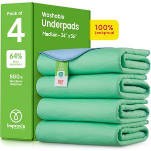 IMPROVIA Washable Underpads, 34" x 36" (Pack of 4) - Heavy Absorbency Reusable Bedwetting Incontinence Pads for Kids, Adults, Elderly, and Pets - Waterproof Protective Pad for Bed, Couch, Sofa, Floor (Green)