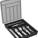 Lifewit Silverware Organizer with Lid, Covered Utensil Tray for Kitchen Drawer and Countertop, Plastic Cutlery and Flatware Storage Box for Spoons Forks Knives Holder Case, 7 Compartments, Black (11.3"L  14.4"W)