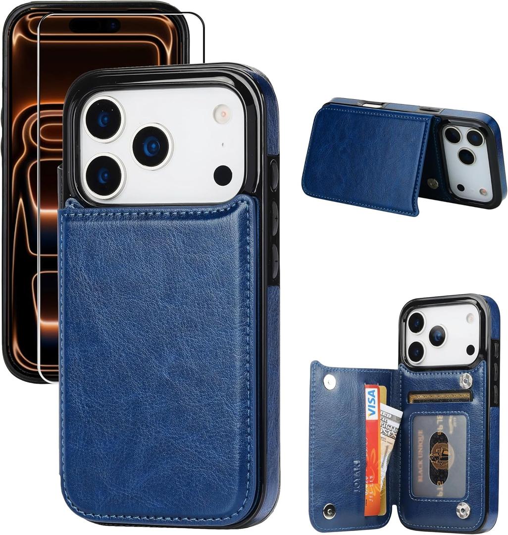 for iPhone 17 Pro Wallet Case with Screen Protector, Slim PU Leather Protective Case with Card Holder[RFID Blocking] Kickstand Cover 6.3 -Deepblue