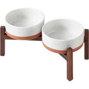 Havniva 7.3" Elevated Dog Bowls Ceramic Raised Dog Bowl with Non-Slip Stand (Acacia Wood) Weighted Dog Food & Water Bowl for Medium Breed Dogs - 5 Cups 41 oz