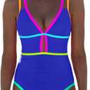 Popvil Women One Piece Swimsuit 2025 Tummy Control Sexy Cutout Neon Color Block Bathing Suit Deep V Neck Adjustable Swimwear (Medium)