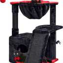 SYANDLVY Gothic Cat Tree for Indoor Cats Large Adult, Modern Activity Tower with Scratching Posts & Board, Condo with Plush Perch, Cradle & Hanging Ball & Spider for Play, Black