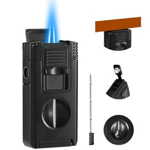 All in One Jet Flame Butane Torch Lighter Built-in Cutter V Cut, Punch, Holder Function, Draw Enhancer Tool, Refillable and Adjustable Windproof Gas Lighter, Black (Sold Without Gas) ﻿