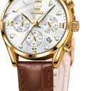 OLEVS Women Watch Brown Leather Straps Ladies Rose Gold Elegant Luxury Dress Chronograph Waterproof Wrist Watch Date Day